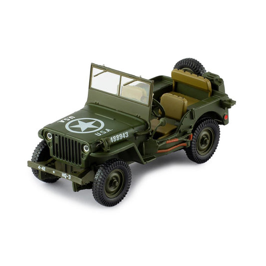 Model of a green military jeep with a star emblem on a white background