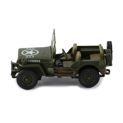Model of a military jeep with 'U.S.A.' and a star emblem on a white background