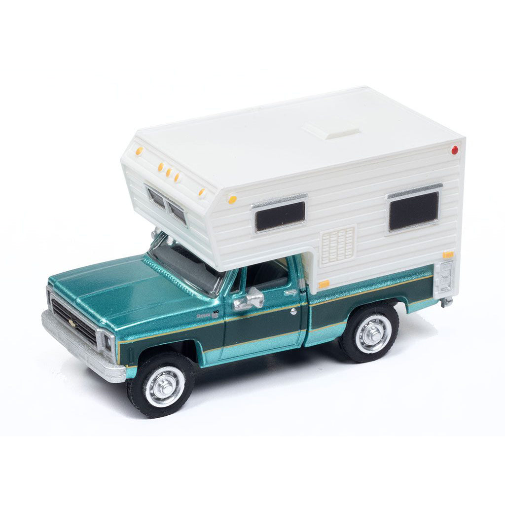 1977 Chevrolet Cheyenne C-20 Fleetside Pickup Truck w/Slide-In Camper (Light Green Poly/Dark Green/White)