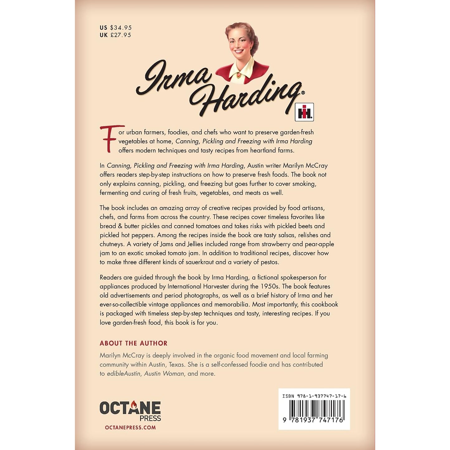 Back cover of a book titled 'Canning, Pickling and Freezing with Irma Harding' by Marilyn McCray.  Published by Octane Press with text and a vintage-style portrait.