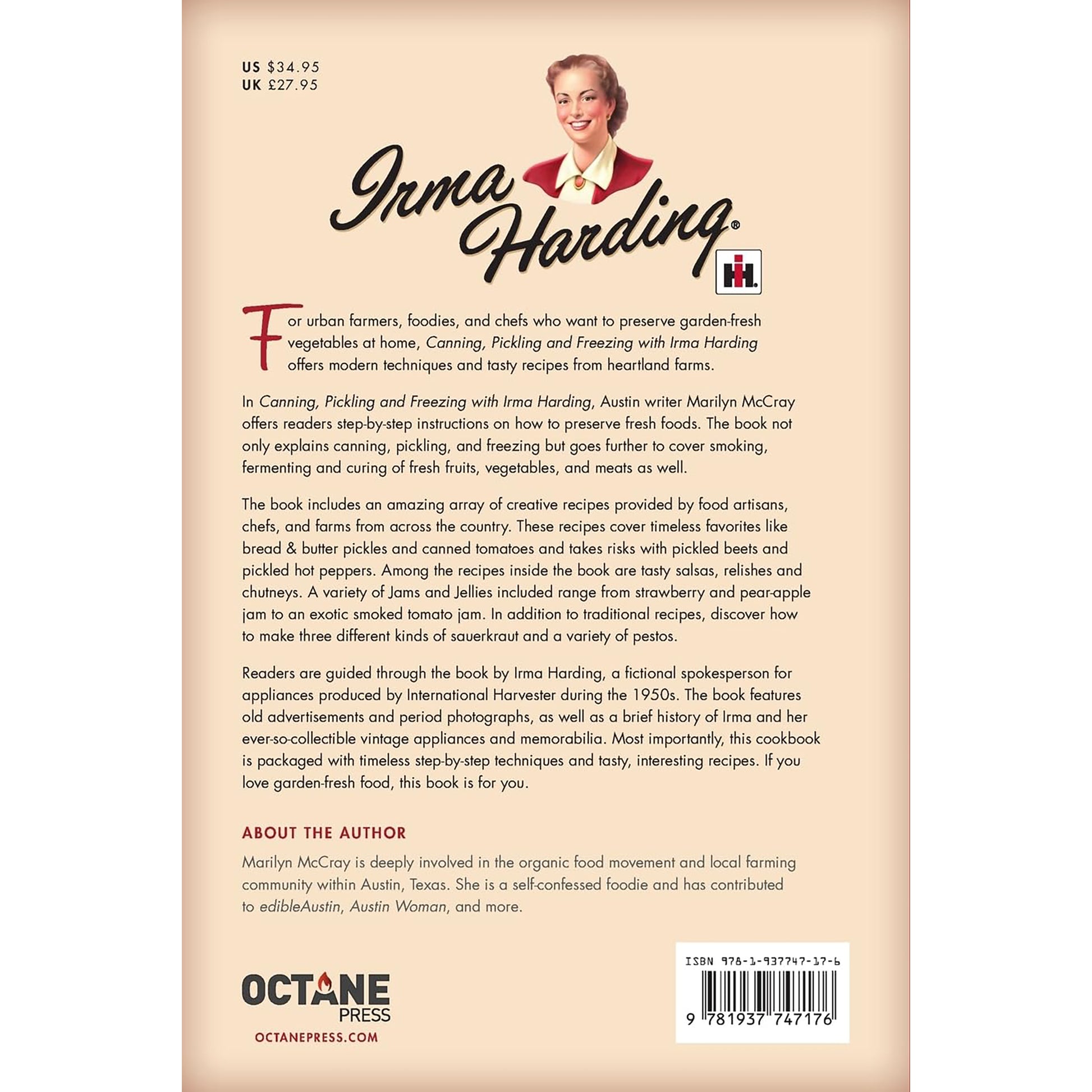 Back cover of a book titled 'Canning, Pickling and Freezing with Irma Harding' by Marilyn McCray.  Published by Octane Press with text and a vintage-style portrait.