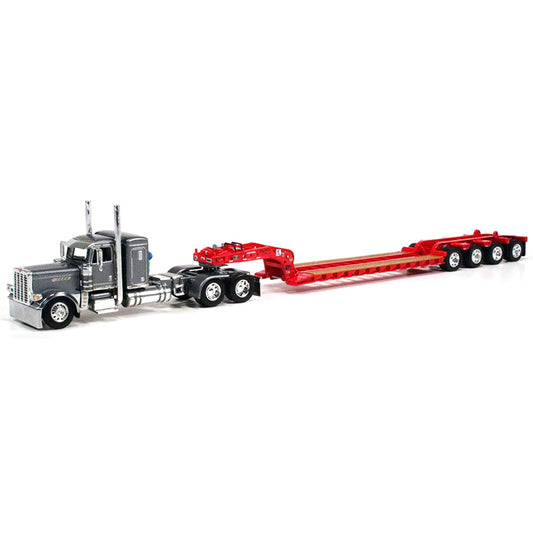 Peterbilt Pride-N- Class 389 36" Sleeper w/Tri-Axle Fontaine Magnitude Lowboy Trailer with Flip Axle (Gun Metal Gray/Red)