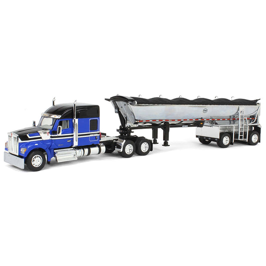 Kenworth W990 w/MAC 'Simizer Spread-Axle Round Bottom End Dump Trailer (Blue/Black)