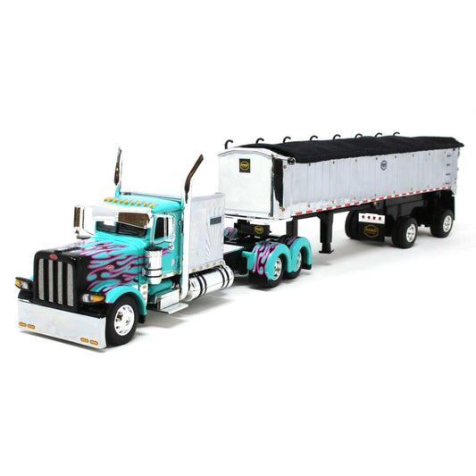 Peterbilt 389 w/MAC Coal Square Bottom Spread-Axle End Dump Trailer (Teal w/Black & Purple Flames)