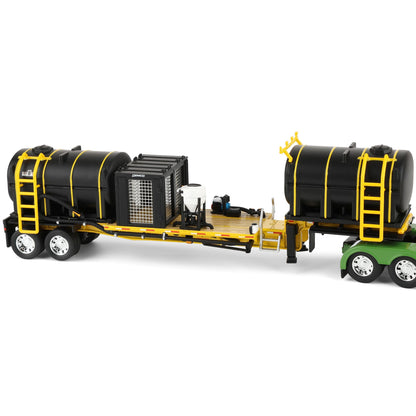 Model of a flatbed trailer with black tanks and yellow ladders on a white background