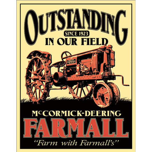 Vintage-style advertisement tin sign for McCormick-Deering Farmall tractor with text 'Outstanding since 1923'.