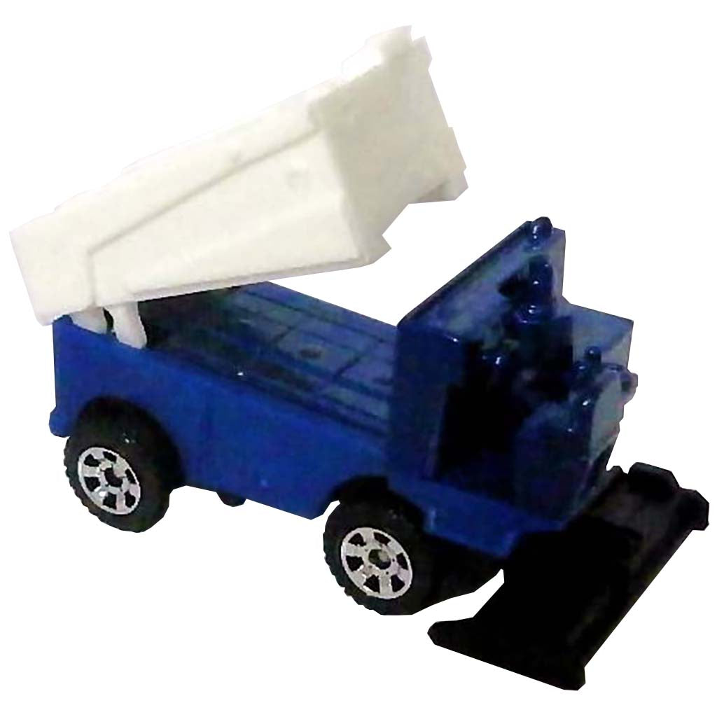 Small blue toy truck with a white cargo bed on a white background