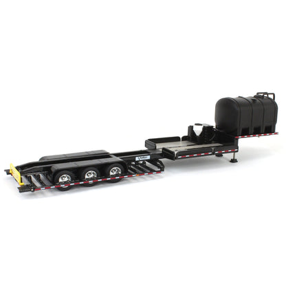 Black trailer with a flatbed and a tank on a white background
