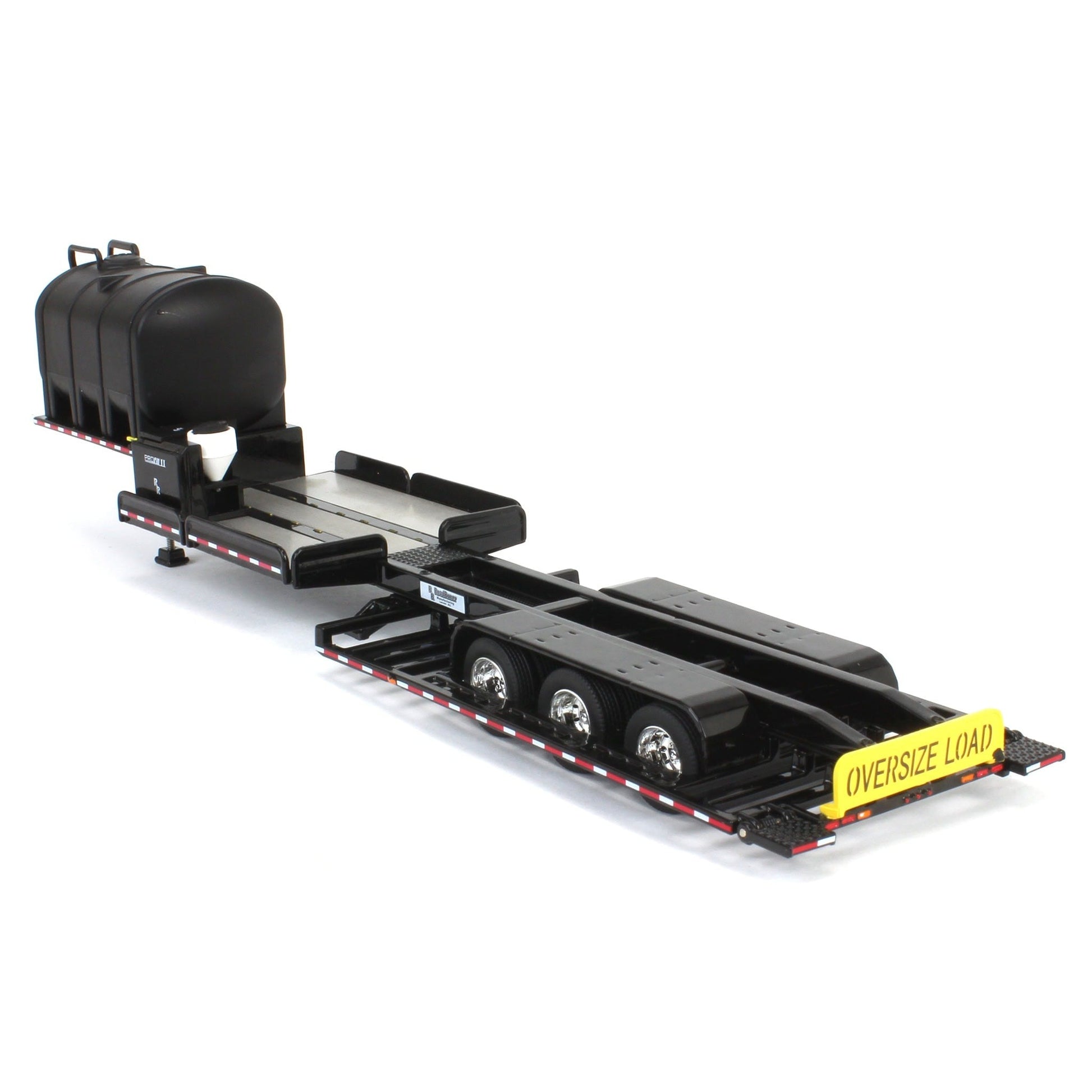 Black trailer with oversized load warning sign on a white background