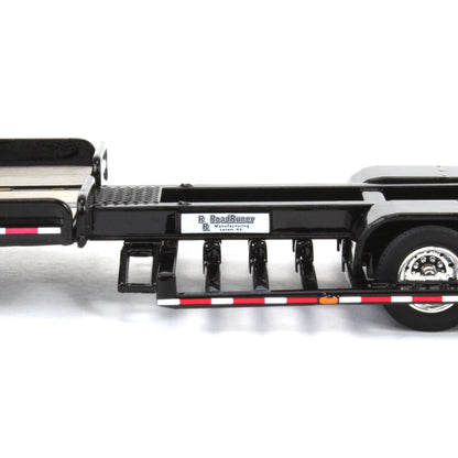 Black trailer with a flatbed on a white background