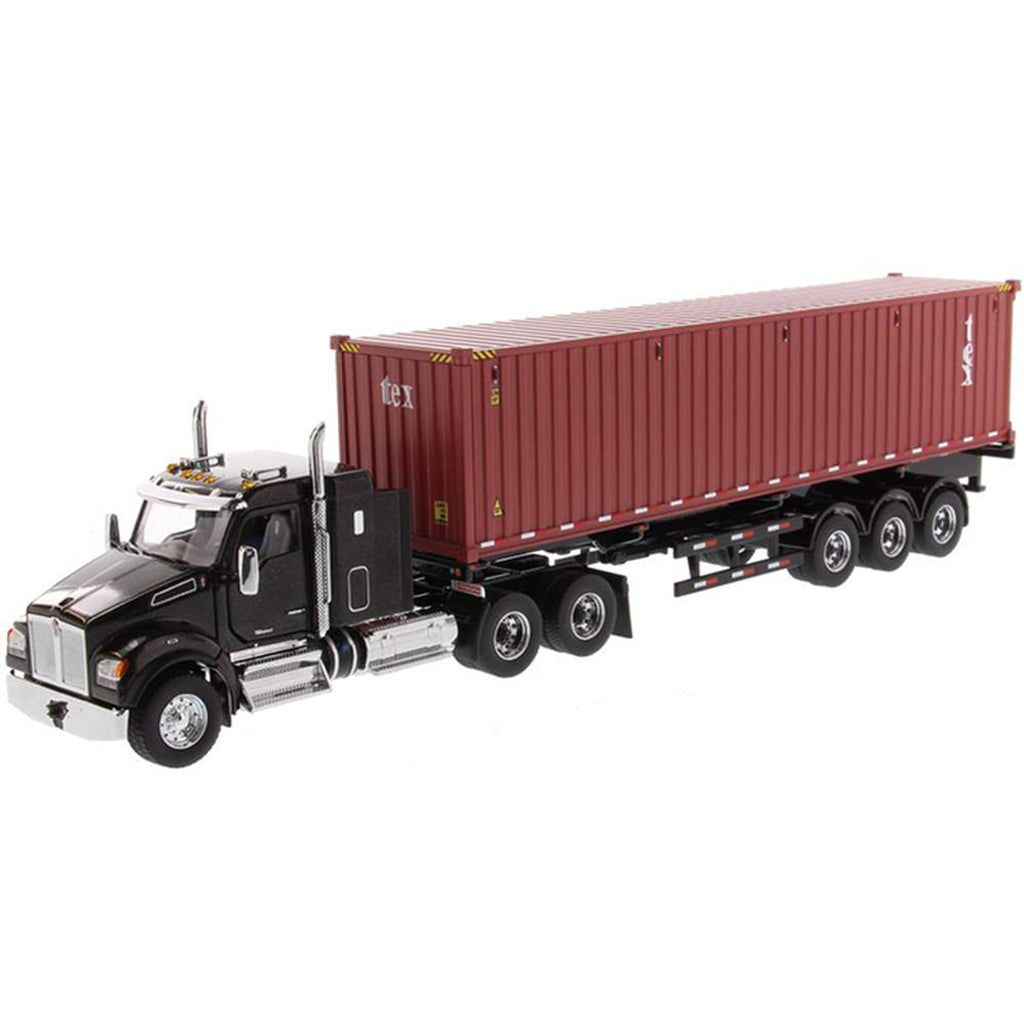 Kenworth T880 SFFA Sleeper Tractor (Black) w/40' Sea Container Trailer "TEXT" (Red), & Chassis (Black)