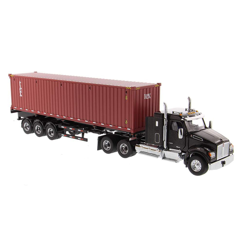 Kenworth T880 SFFA Sleeper Tractor (Black) w/40' Sea Container Trailer "TEXT" (Red), & Chassis (Black)