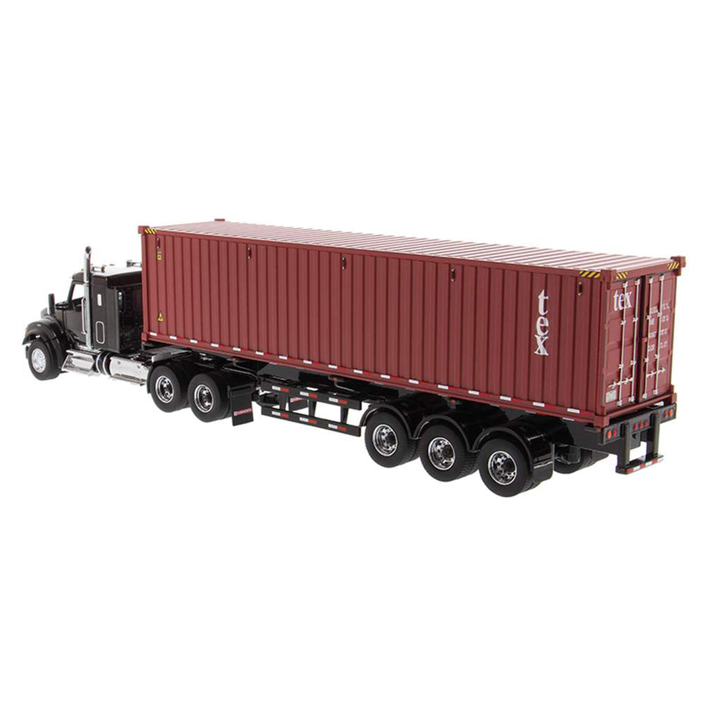 Kenworth T880 SFFA Sleeper Tractor (Black) w/40' Sea Container Trailer "TEXT" (Red), & Chassis (Black)