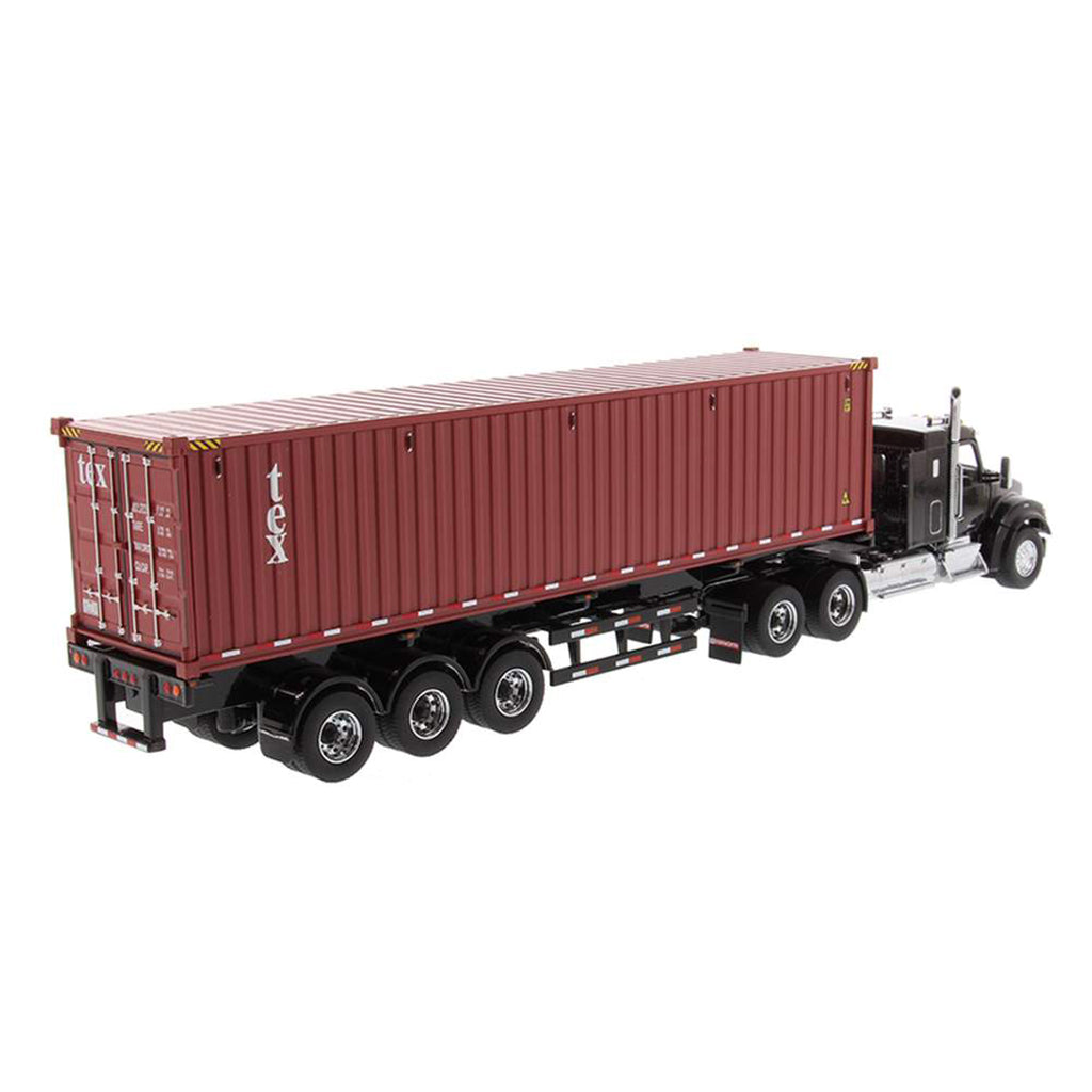 Kenworth T880 SFFA Sleeper Tractor (Black) w/40' Sea Container Trailer "TEXT" (Red), & Chassis (Black)