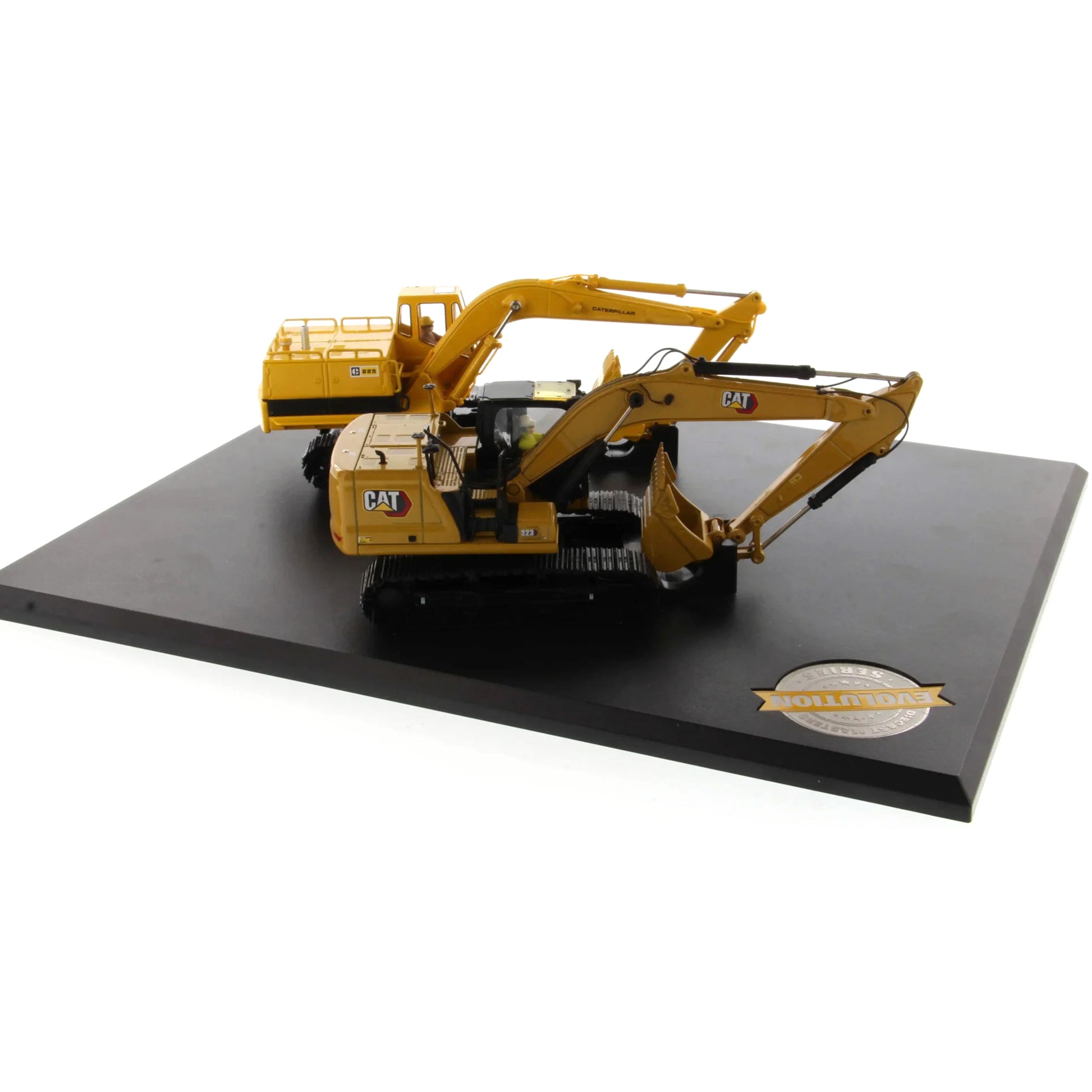 Model of a yellow excavator on a black platform with a white background