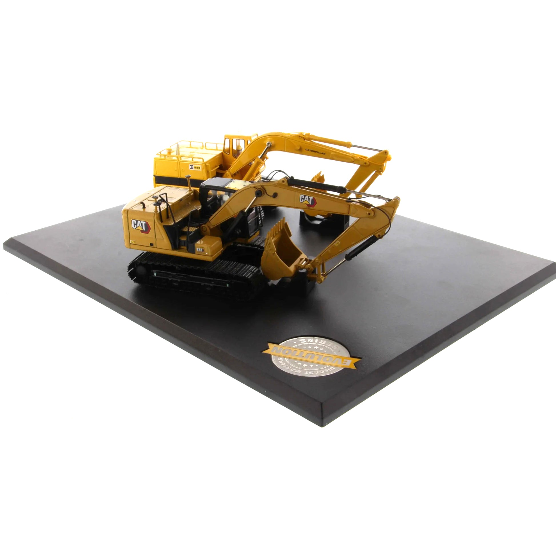 Model of a yellow Caterpillar excavator on a black platform with a white background