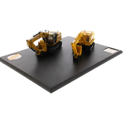 Two toy excavators on a black platform with a white background