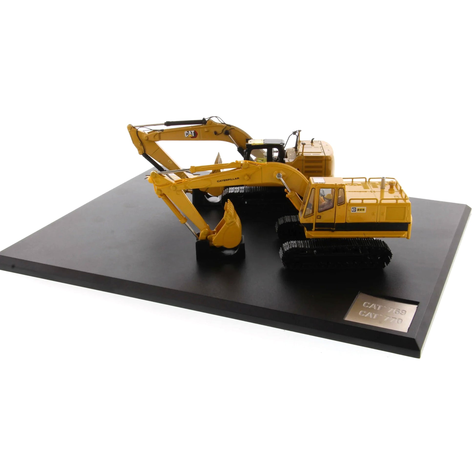 Model of a yellow Caterpillar excavator on a black platform with a white background