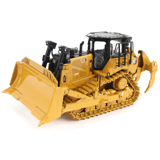 Toy bulldozer with detailed features on a white background