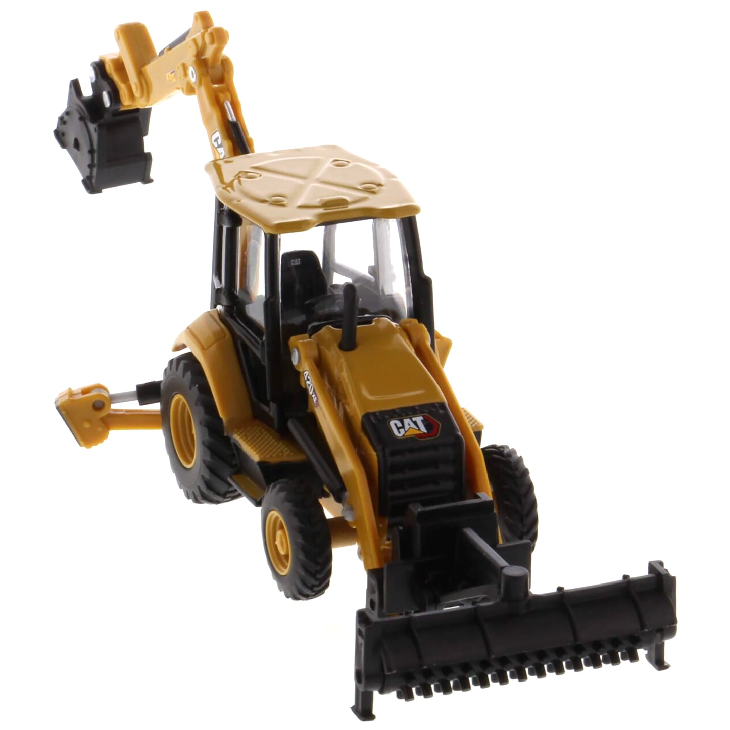 Toy bulldozer with black and yellow colors on a white background