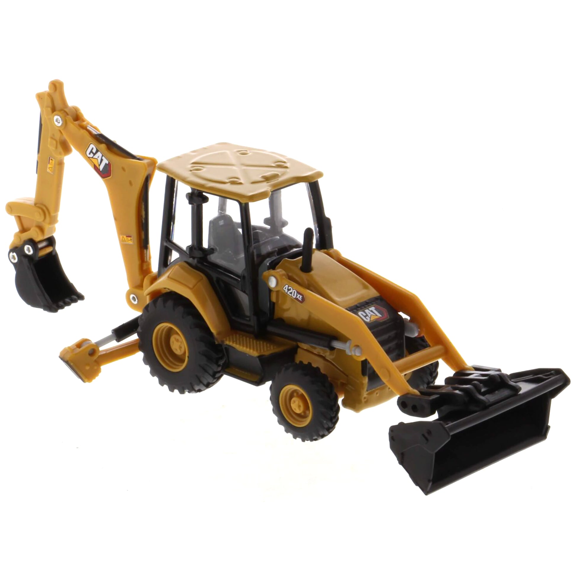 Toy backhoe loader with black bucket on a white background