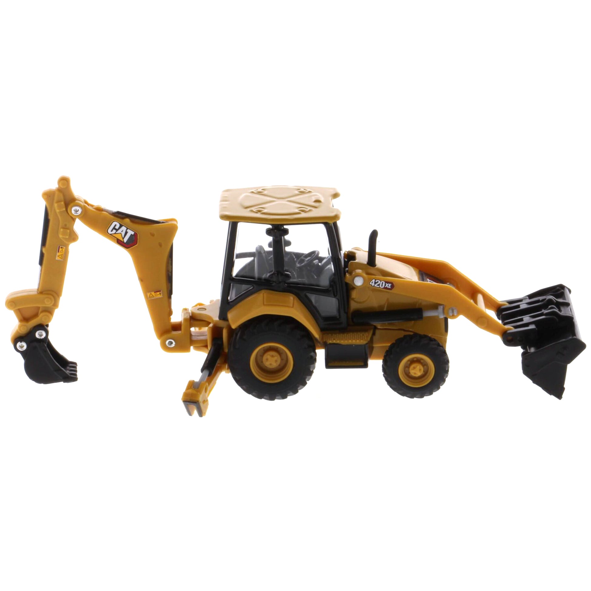 Toy backhoe loader with detailed features on a white background