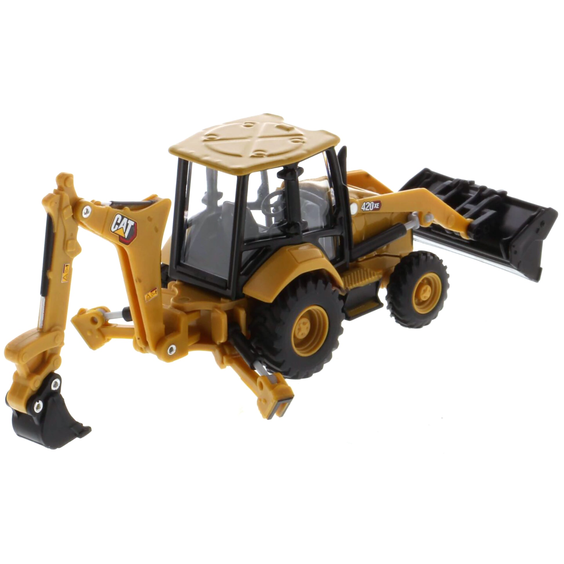 Toy backhoe loader with CAT branding on a white background