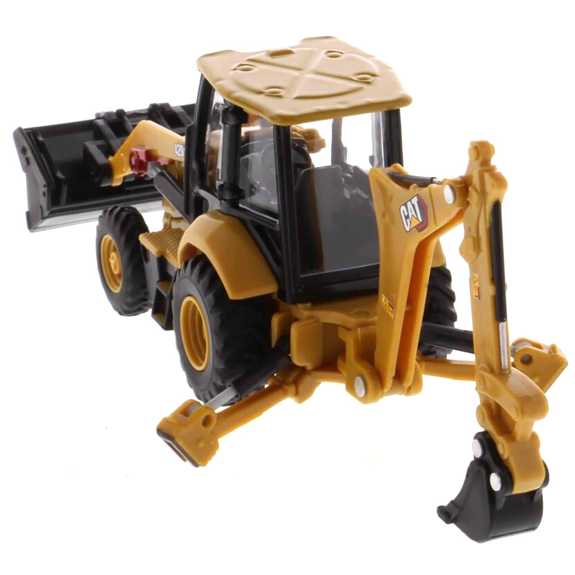 Toy construction vehicle with a large arm and bucket on a white background