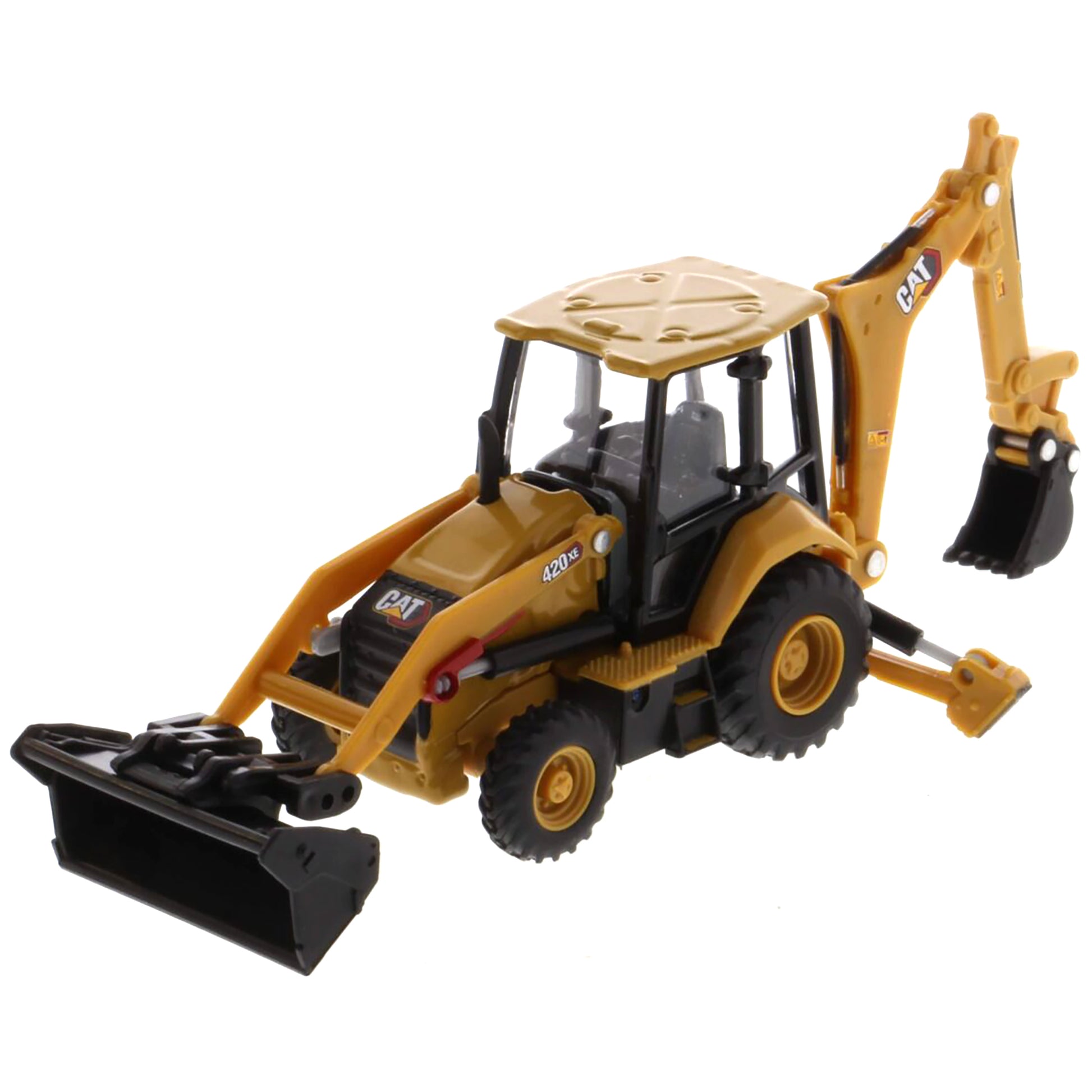 Toy backhoe loader with CAT branding on a white background
