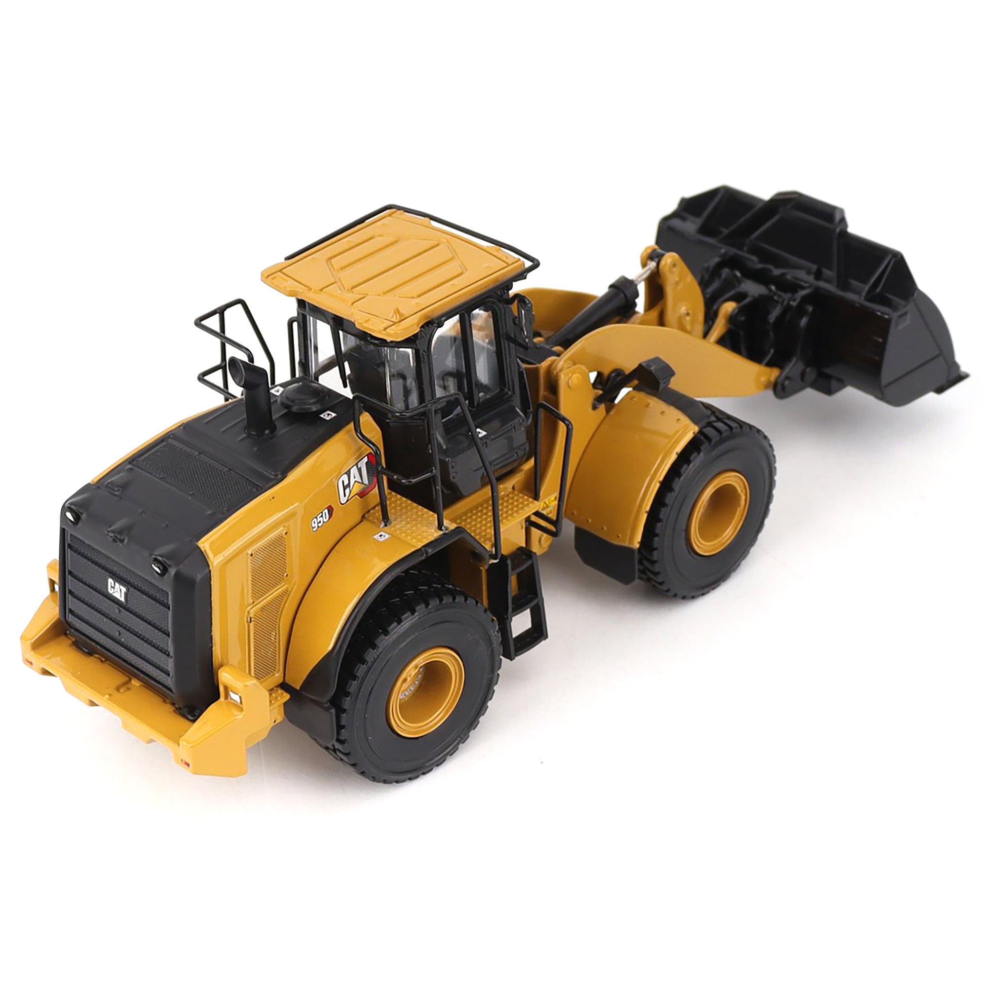 Toy construction vehicle with black and yellow colors on a white background