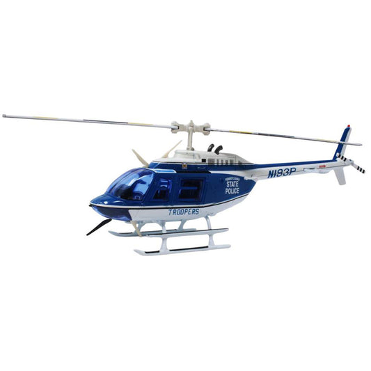 Model helicopter with blue and white color scheme on a white background
