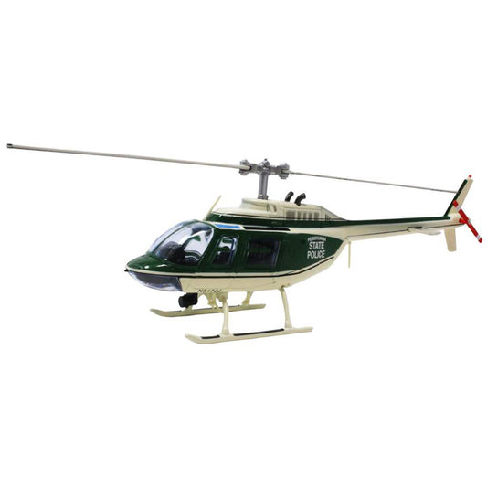 Model helicopter with green and white color scheme on a white background