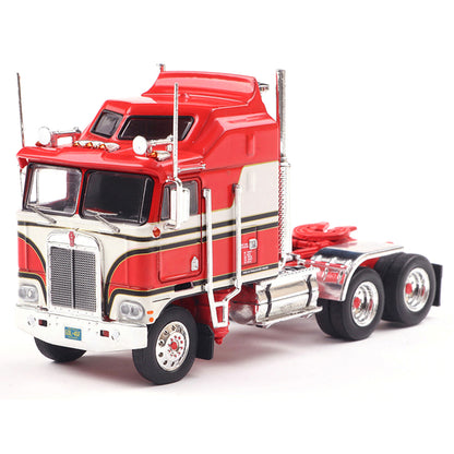 Model of a red and white Kenworth K100 Aerodyne COE truck on a white background