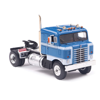 Model of a blue 1950 Kenworth 521 Bullnose truck on a white background