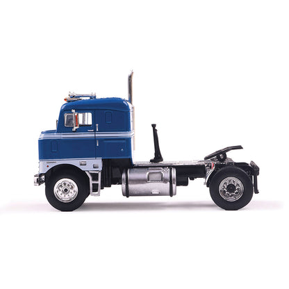 Model of a blue 1950 Kenworth 521 Bullnose truck on a white background