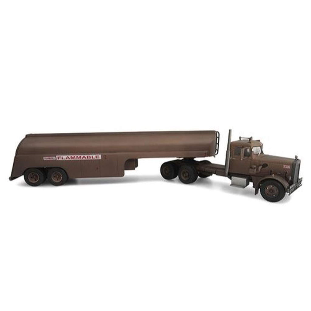 Model of a brown tanker truck with 'Flammable' warning on a white background