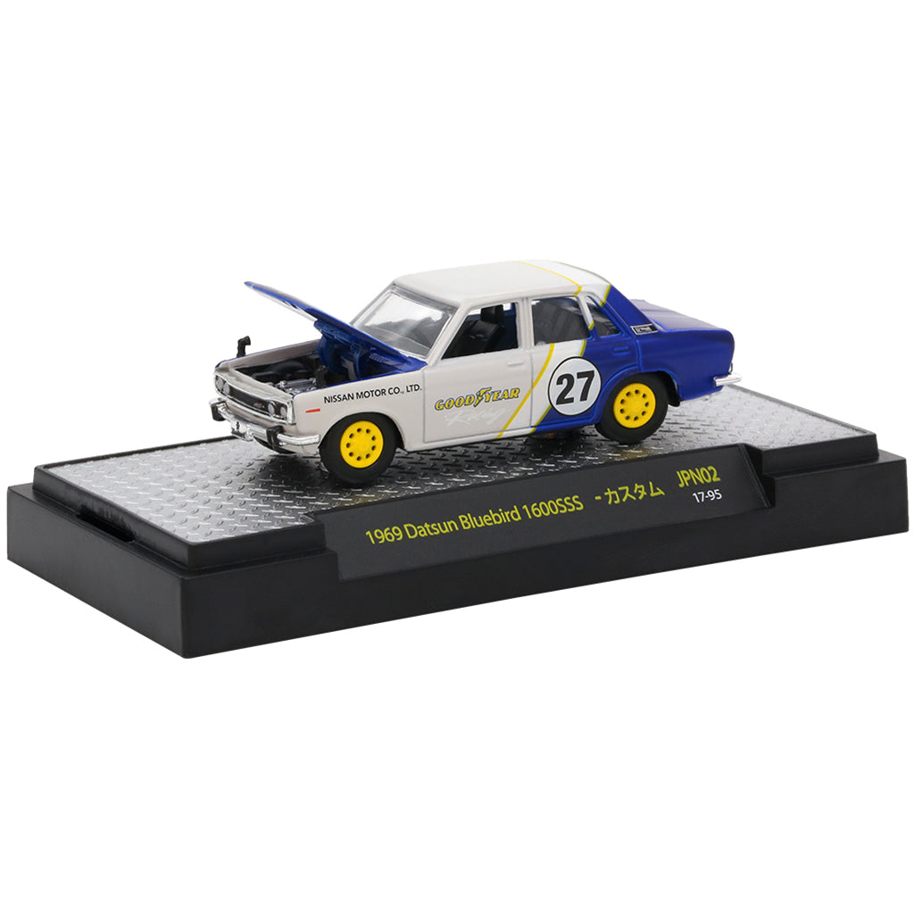 Model of a White & Blue Race Car for Goodyear Racing #27, a 1969 Datsun Bluebird 1600SSS Mounted to a Black and Silver Base Plate on a White Background
