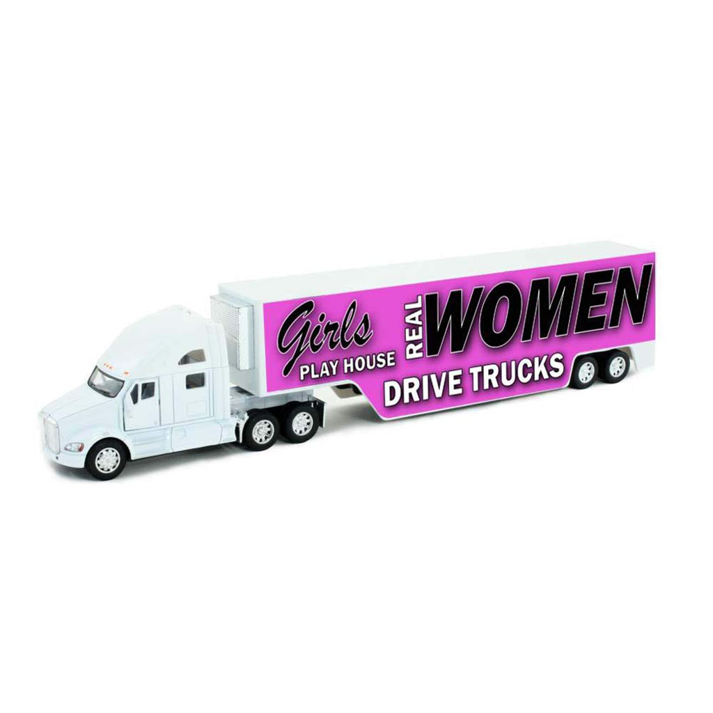 2011 Kenworth T700 w/Race Car Trailer "Girls Play House Real Women Drive Trucks" (White/Pink)