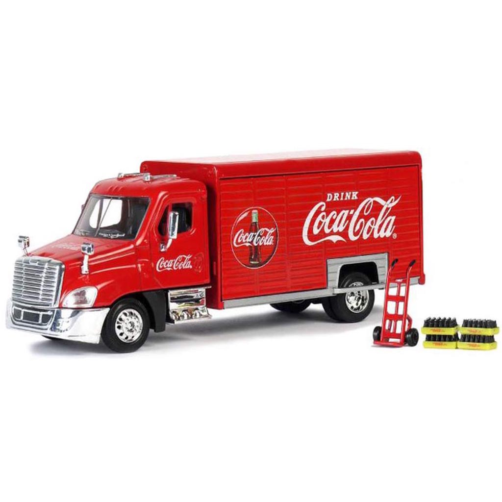 Freightliner Cascadia w/Beverage Delivery Body, Handcart & 4 Crates of Bottles "Coca-Cola" (Red)