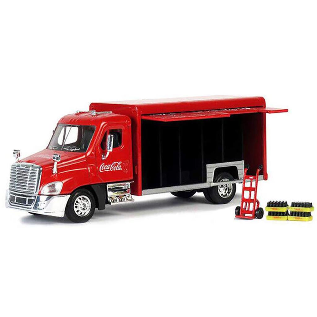 Freightliner Cascadia w/Beverage Delivery Body, Handcart & 4 Crates of Bottles "Coca-Cola" (Red)