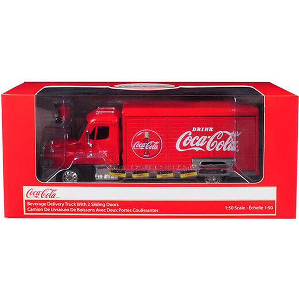 Freightliner Cascadia w/Beverage Delivery Body, Handcart & 4 Crates of Bottles "Coca-Cola" (Red)