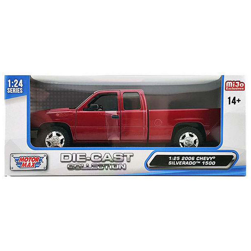 Red die-cast Chevrolet Silverado truck in packaging with brand logos.