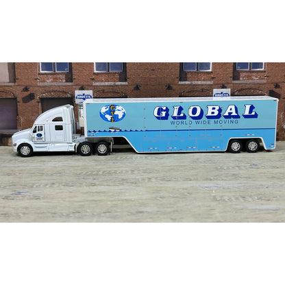 Model truck with 'Global World Wide Moving' branding in front of a brick building.