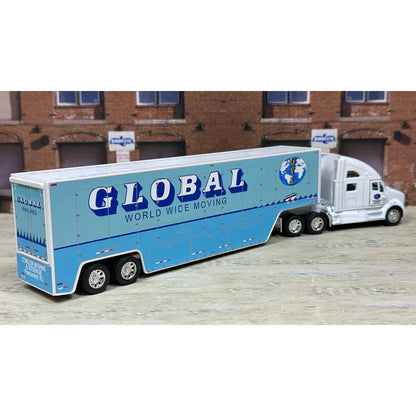 Model truck with 'Global World Wide Moving' branding in front of a brick building.
