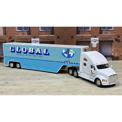 Model truck with a blue trailer labeled 'Global World Wide Moving' on a white background