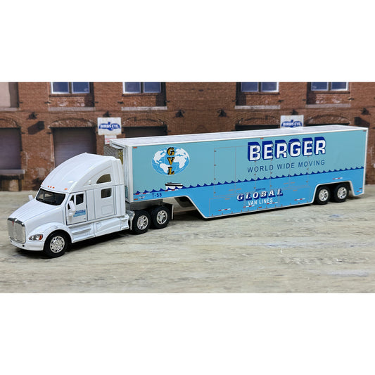 Model truck with Berger Global trailer in front of a brick building