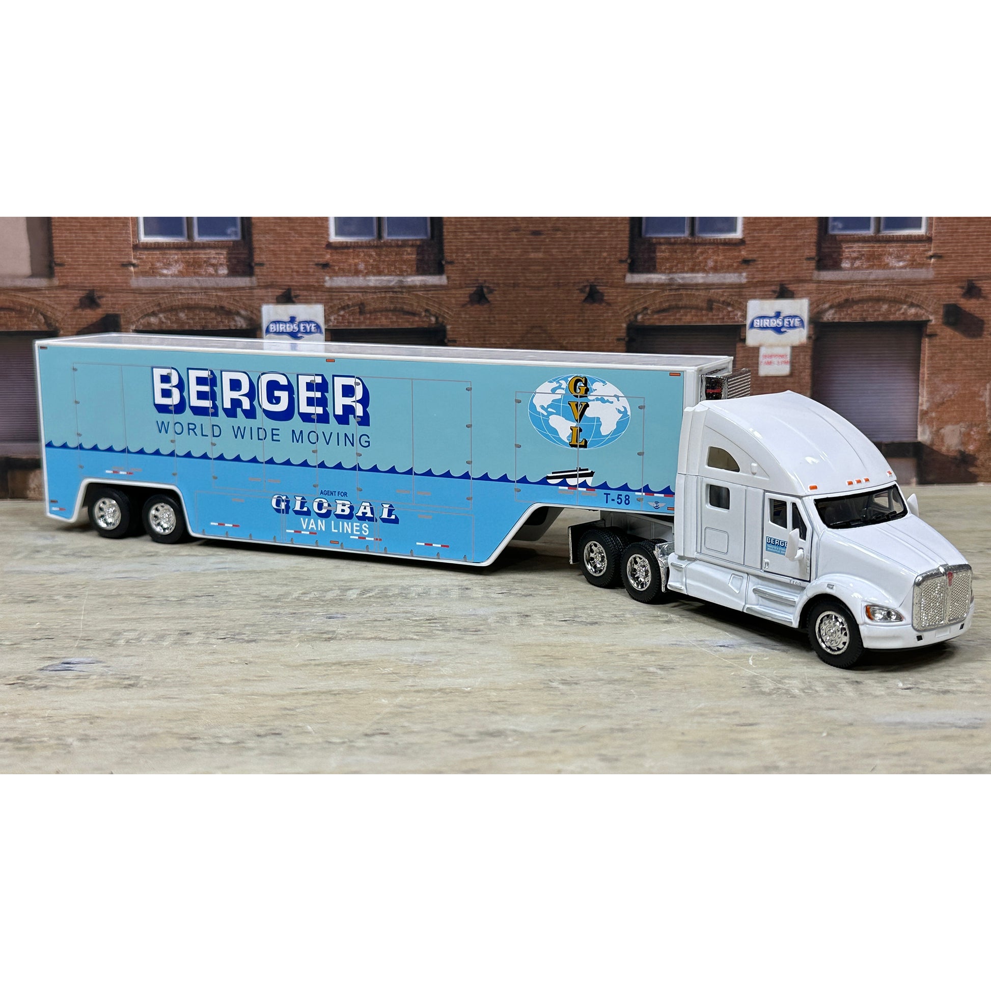 Model truck with a blue trailer labeled 'Berger World Wide Moving' on a white background