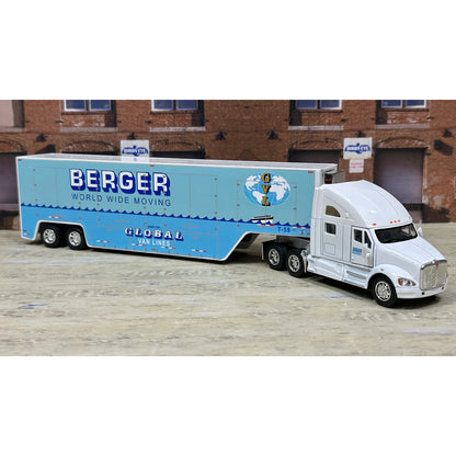 Model truck with a blue trailer labeled 'Berger World Wide Moving' on a white background