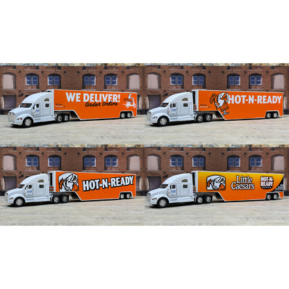 Four model trucks with 'Hot N Ready' and 'Little Caesars' branding in front of a brick building.