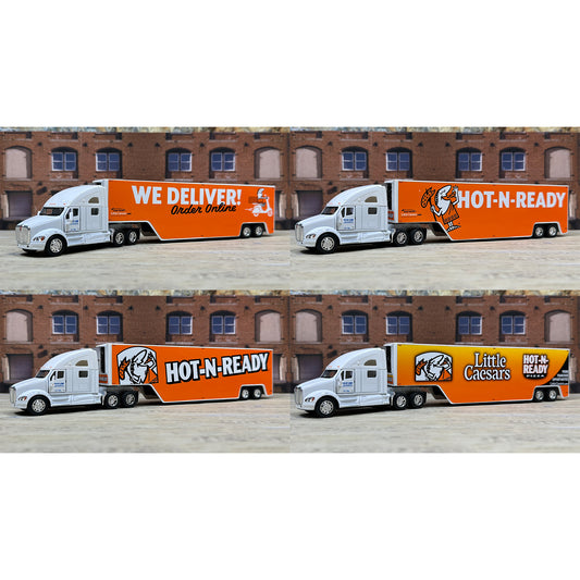 Four model trucks with 'Hot N Ready' and 'Little Caesars' branding in front of a brick building.
